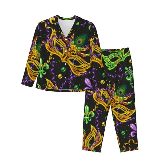 Yiaed Mardi Gras Surface Print Pajamas Women's Long Sleeve Sleepwear Soft Button Down Loungewear Pjs Lounge Set Nightwear Womens Pajama Pants-X-Large