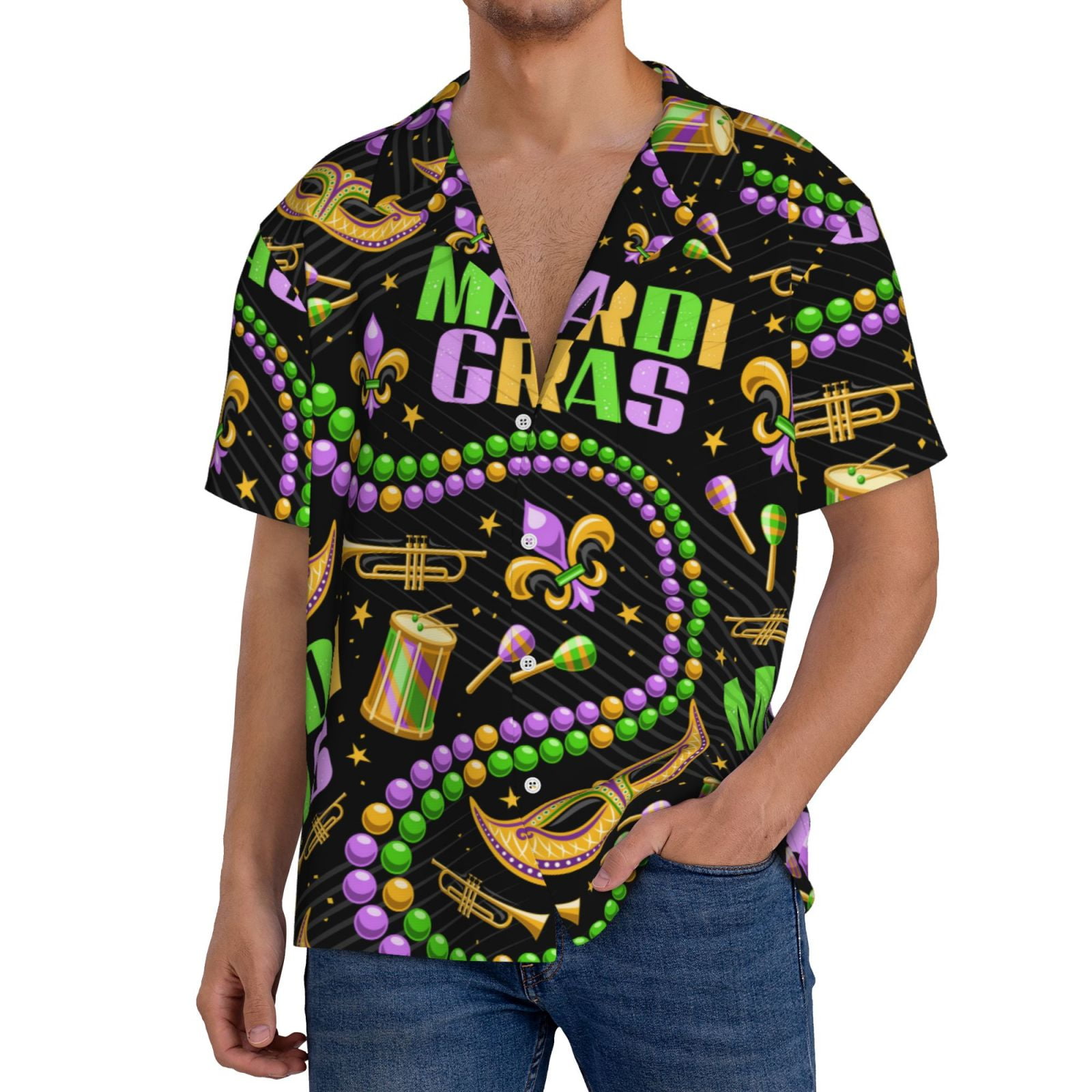 Yiaed Mardi Gras3 Print Mens Casual Wrinkle Free Shirts Short Sleeve
