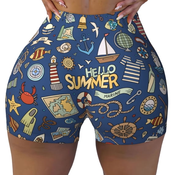 Yiaed Marine Nautical Print Women's Athletic Shorts Running Shorts Sporty Short High Waisted Elastic Workout Shorts for Yoga Gym Running & Sports -Small