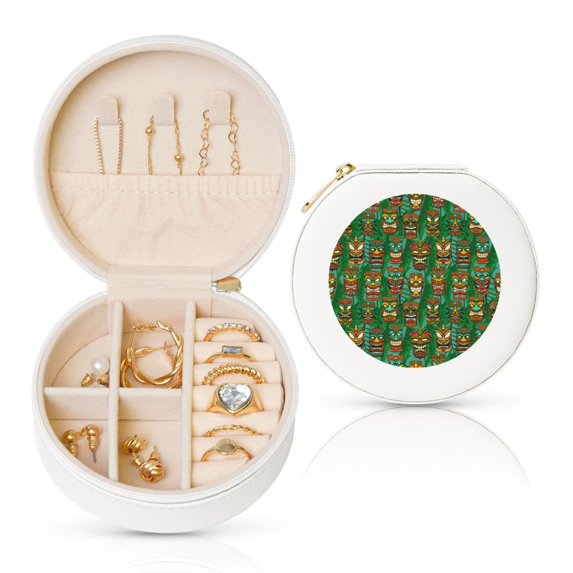 Yiaed Mask And Palm Leaves Print Travel Jewelry Case Bridesmaid Gift Boxes Jewelry Travel Organizer Small Round Jewelry Box Mini Storage-White