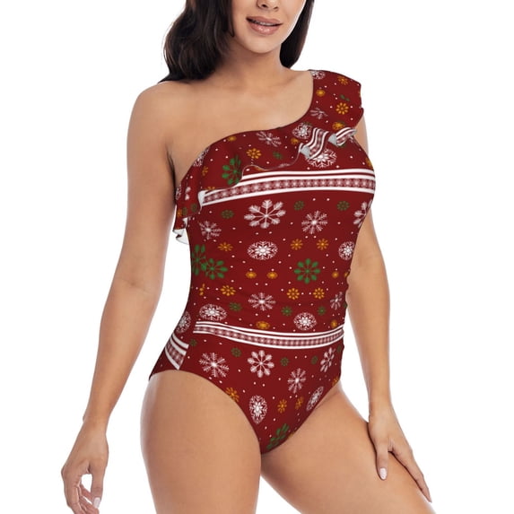 Yiaed Merry Christmas Print Women One Piece Swimsuits Tummy Control One Shoulder Bathing Suits Pattern Ruffle Swimwear-Large