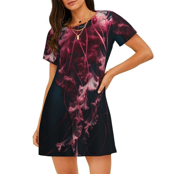 Yiaed Mesmerizing Pink Jellyfish Print Women's Loose-Fit Short Sleeve Nightgown, Soft and Comfortable Sleep Dress for Relaxation and Sleepwear