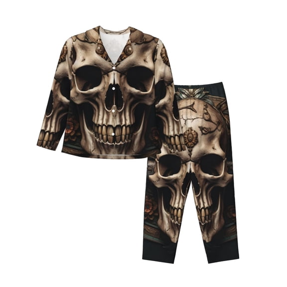 Yiaed Metal Style Horned Skull Print Pajamas Women's Long Sleeve Sleepwear Soft Button Down Loungewear Pjs Lounge Set Nightwear Womens Pajama Pants-XX-Large