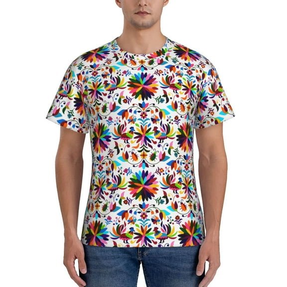Yiaed Mexican Bright Style Print Mens Short Sleeve Tight Fit T-Shirt, Crewneck Casual Tee-Small