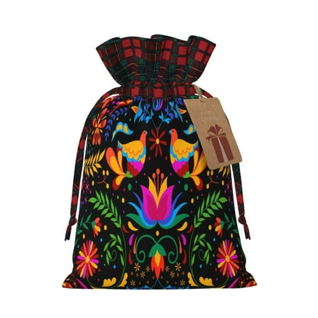 Yiaed Mexican Flower Traditional1 Print Christmas Small Burlap Bags with Drawstring, Burlap Gift Bags Christmas Linen Treat Sacks Gift Wrapping Bags Xmas Holiday Party-Black