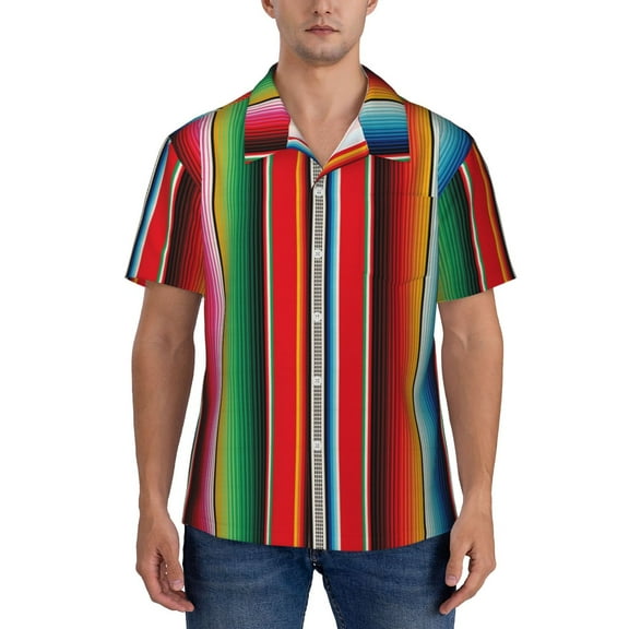 Yiaed Mexican Serape Blanket Stripes Print Hawaiian Shirt for Men Short Sleeve Button Down Shirts Beach Shirts for Men-Large