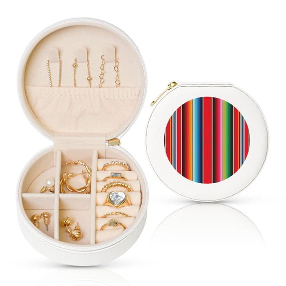 Yiaed Mexican Serape Blanket Stripes Print Travel Jewelry Case Bridesmaid Gift Boxes Jewelry Travel Organizer Small Round Jewelry Box Mini Storage-White