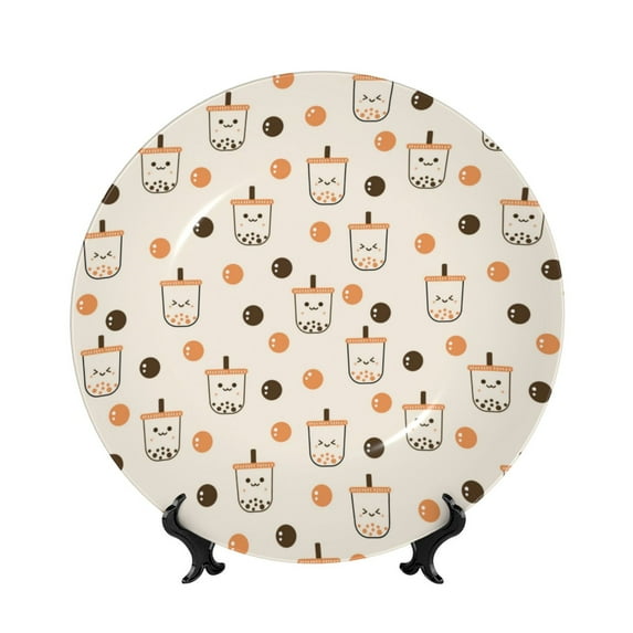 Yiaed Milk Tea7 Print Bone China Decorative Plate Ceramic Dinner Plates Art Crafts with Display Stand-8in