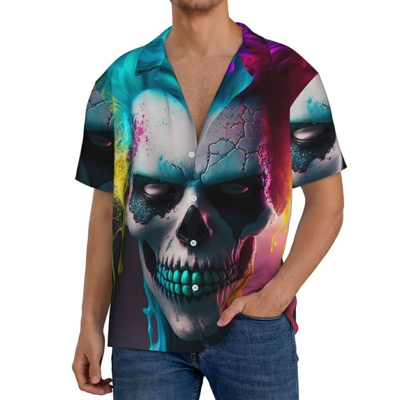 Yiaed Modern Abstract Colorful Skull A Print Mens Casual Wrinkle Free Shirts Short Sleeve Button Down Summer Stretch Dress Shirt-Medium