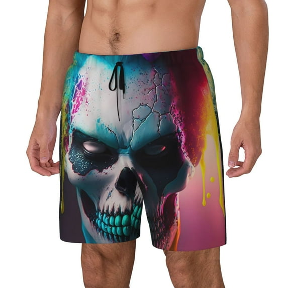 Yiaed Modern Abstract Colorful Skull A Print Mens Swim Trunks Bathing Suit Compression Liner Beach Swim Shorts Swimwear Quick Dry Zipper Pocket No-Chafing Board Short-Medium