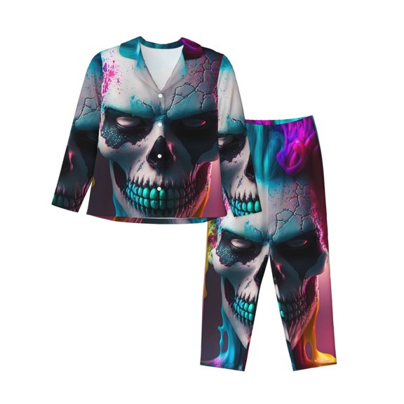 Yiaed Modern Abstract Colorful Skull A Print Pajamas Women's Long Sleeve Sleepwear Soft Button Down Loungewear Pjs Lounge Set Nightwear Womens Pajama Pants-XX-Large