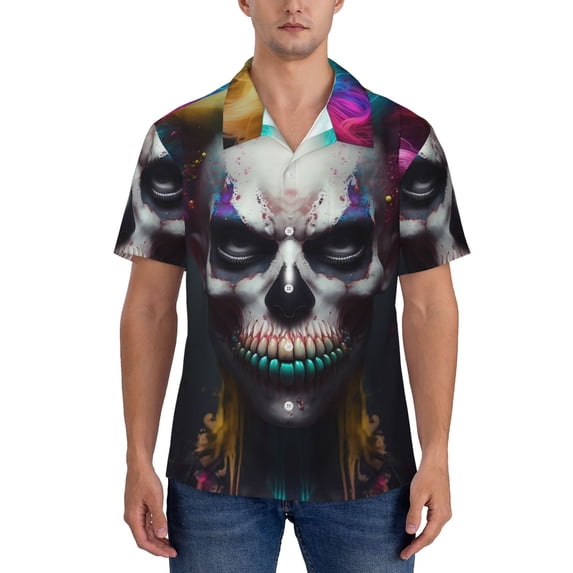 Yiaed Modern Abstract Colorful Skull C Print Hawaiian Shirt for Men Short Sleeve Button Down Shirts Beach Shirts for Men-XX-Large