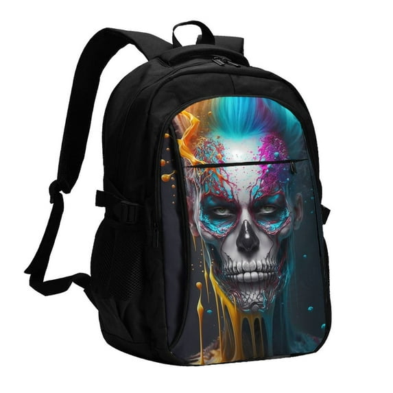 Yiaed Modern Abstract Colorful Skull Print Laptop Backpack,Business Travel Durable Laptops Backpack with USB Charging Port,Water Resistant College Computer Bag