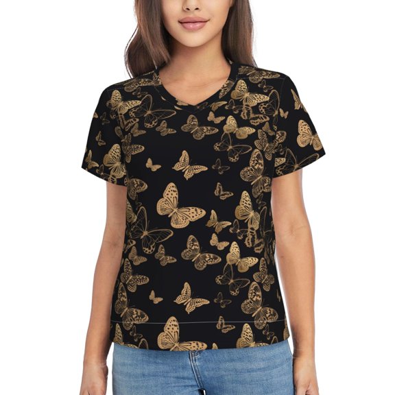 Yiaed Modern Golden Butterfly Print Women's T Shirt V-Neck Short Sleeve Shirt Casual Breathable Tee Summer Tops-3X-Large