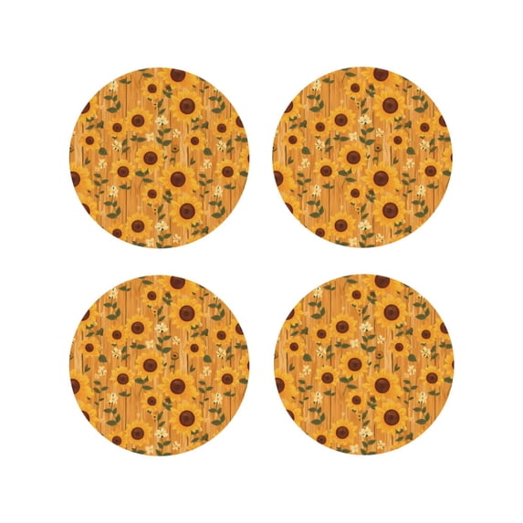 Yiaed Modern Wood Grain Sunflower Print Leather Coasters for Drinks - Cup Coasters Coffee Table Kitchen Table Bar, Home & Office Gifts Handmade Drink Coasters-Round Shape