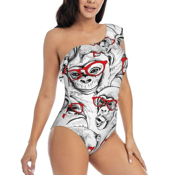 Yiaed Monkey Print Women One Piece Swimsuits Tummy Control One Shoulder Bathing Suits Pattern Ruffle Swimwear-X-Large