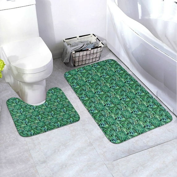 Yiaed Monstera Leaves Print Bathroom Mat Set 2 Pieces Mat Anti-Skid Pad Ultra Soft and Absorbent Bathroom Bath Mat Contour Bath Rugs for Toilet Base