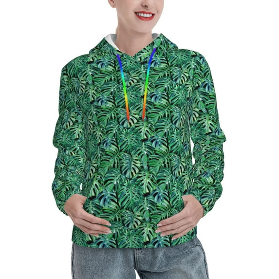 Yiaed Monstera Leaves Print Womens Casual Hoodies Crew Neck Long Sleeve Sweatshirts With Pocket Pullover Tops Women's Hooded Sweatshirt-XX-Large