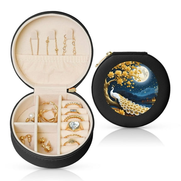 Yiaed Moonlit Golden Tree Peacock Print Travel Jewelry Case Bridesmaid Gift Boxes Jewelry Travel Organizer Small Round Jewelry Box Mini Storage-Black