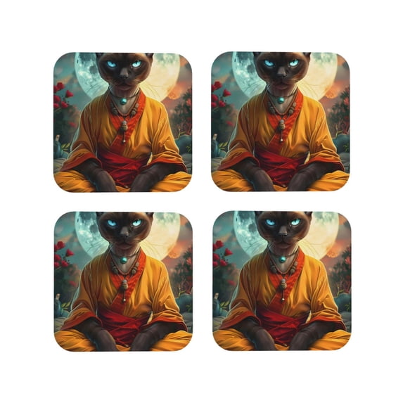 Yiaed Moonlit Hairless Cat Monk Print Leather Coasters for Drinks - Cup Coasters Coffee Table Kitchen Table Bar, Home & Office Gifts Handmade Drink Coasters-Square