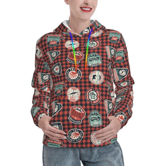 Yiaed Mountain Adventure Badges Print Womens Casual Hoodies Crew Neck Long Sleeve Sweatshirts With Pocket Pullover Tops Women's Hooded Sweatshirt-Large
