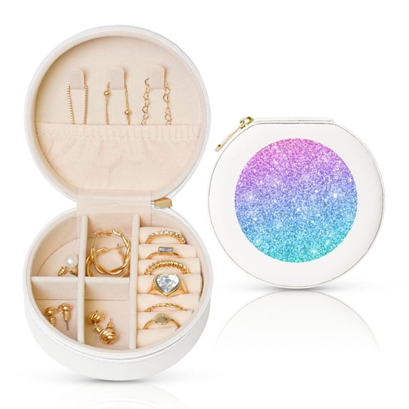 Yiaed Multicolor Glitter Print Travel Jewelry Case Bridesmaid Gift Boxes Jewelry Travel Organizer Small Round Jewelry Box Mini Storage-White