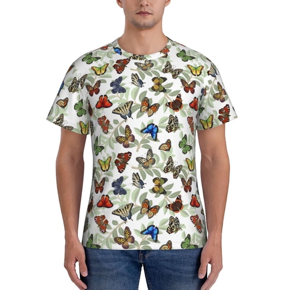 Yiaed Multicolored Butterflies Print Mens Short Sleeve Tight Fit T-Shirt, Crewneck Casual Tee-3X-Large