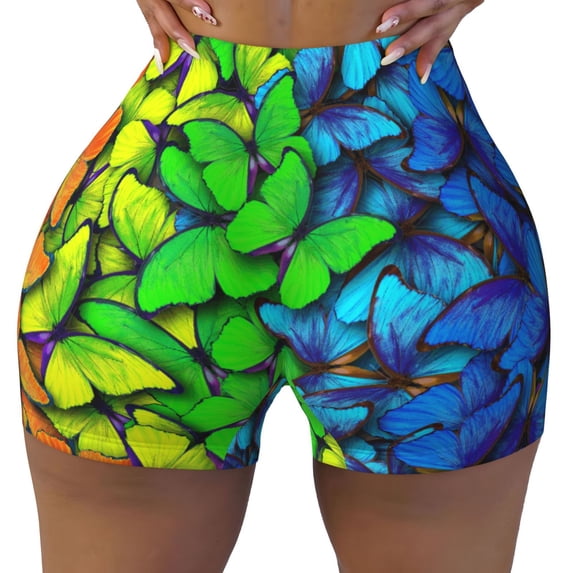 Yiaed Multicolored Butterflies Print Women's Athletic Shorts Running Shorts Sporty Short High Waisted Elastic Workout Shorts for Yoga Gym Running & Sports -X-Large