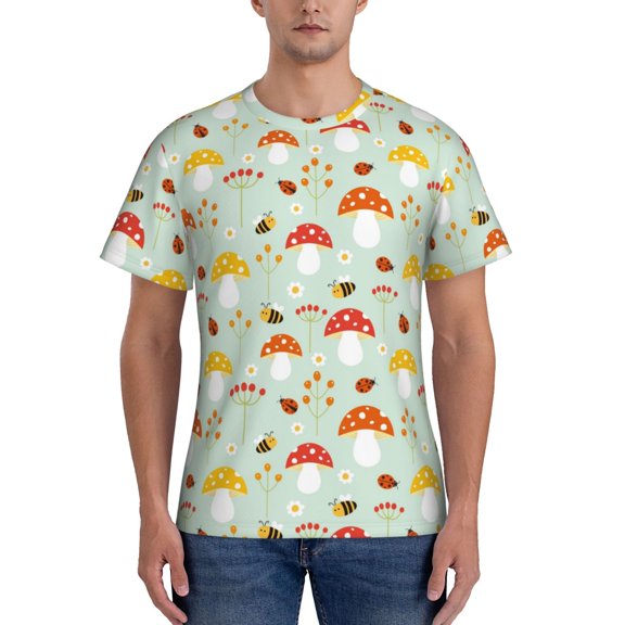 Yiaed Mushroom Bee Print Mens Short Sleeve Tight Fit T-Shirt, Crewneck Casual Tee-3X-Large