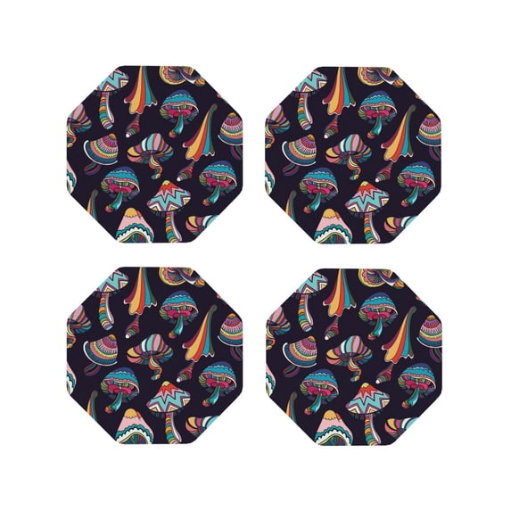 Yiaed Mushroom Doodle Print Leather Coasters for Drinks - Cup Coasters Coffee Table Kitchen Table Bar, Home & Office Gifts Handmade Drink Coasters-Octagon
