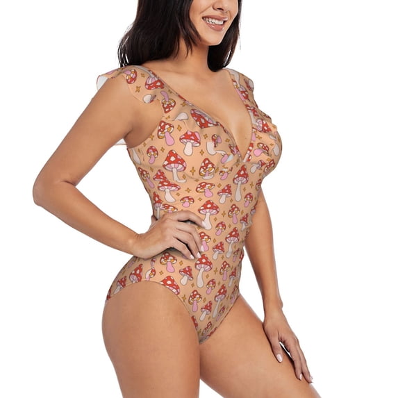 Yiaed Mushroom Print Women's Ruffled One Piece Swimsuit V Neck Swimwear Slimming Monokini for Woman-Medium