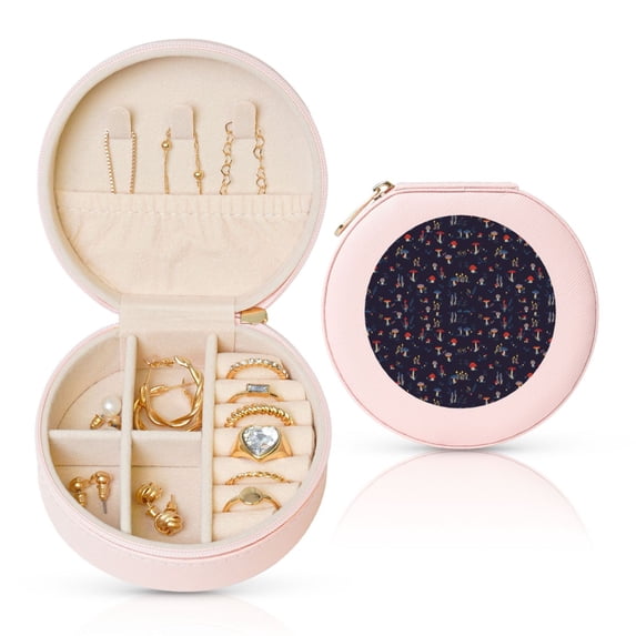 Yiaed Mushrooms3 Print Travel Jewelry Case Bridesmaid Gift Boxes Jewelry Travel Organizer Small Round Jewelry Box Mini Storage-Pink