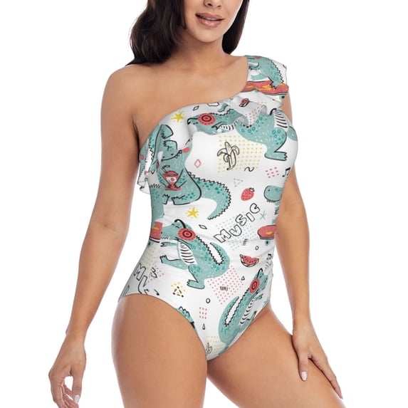 Yiaed Music Lover Dinosaur Print Women One Piece Swimsuits Tummy Control One Shoulder Bathing Suits Pattern Ruffle Swimwear-XX-Large