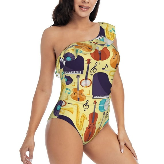 Yiaed Musical Instruments Print Women One Piece Swimsuits Tummy Control One Shoulder Bathing Suits Pattern Ruffle Swimwear-X-Large