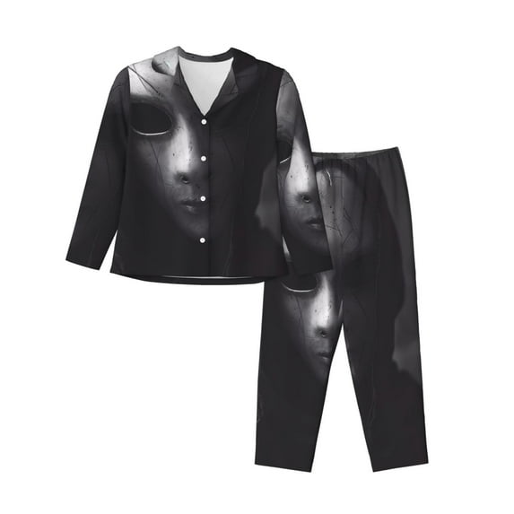 Yiaed Mystical Masked Figure Monochrome Print Pajamas Women's Long Sleeve Sleepwear Soft Button Down Loungewear Pjs Lounge Set Nightwear Womens Pajama Pants-X-Large