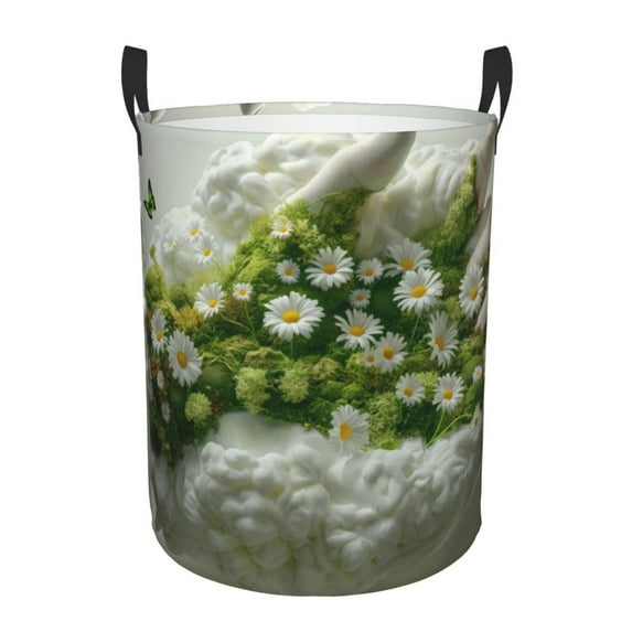 Yiaed Nature Hand Daisies Art Print Large Laundry Basket,Dirty Clothes Hamper, Baby Laundry Hamper for Toys, Woven Laundry Basket for Clothes, Blanket Storage Basket-Small
