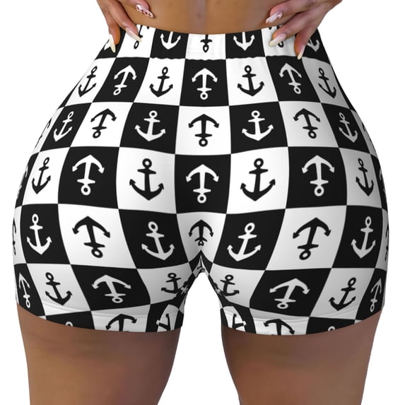 Yiaed Nautical Anchors1 Print Women's Athletic Shorts Running Shorts Sporty Short High Waisted Elastic Workout Shorts for Yoga Gym Running & Sports -Medium