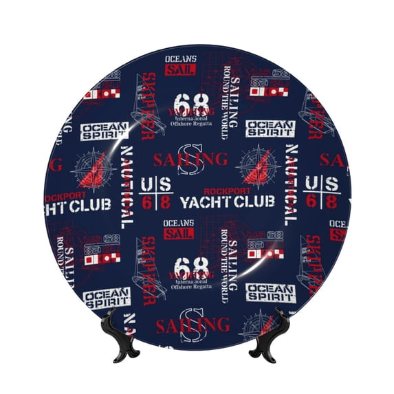 Yiaed Nautical Style Sailboat Print Bone China Decorative Plate Ceramic Dinner Plates Art Crafts with Display Stand-10in