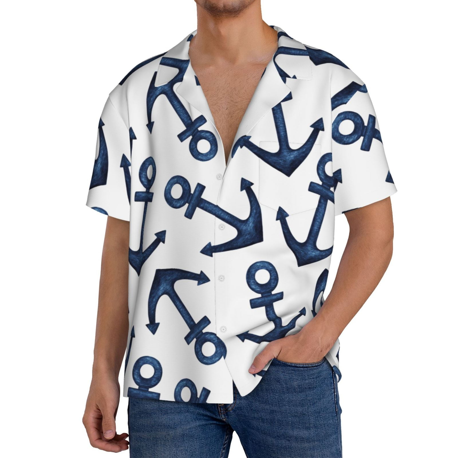 mens anchor dress shirt Yiaed Navy Blue Anchor Print Mens Casual Wrinkle Free Shirts Short Sleeve  Button Down Summer Stretch Dress Shirt-X-Large