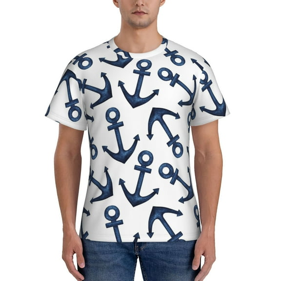 Yiaed Navy Blue Anchors Print Mens Short Sleeve Tight Fit T-Shirt, Crewneck Casual Tee-Large