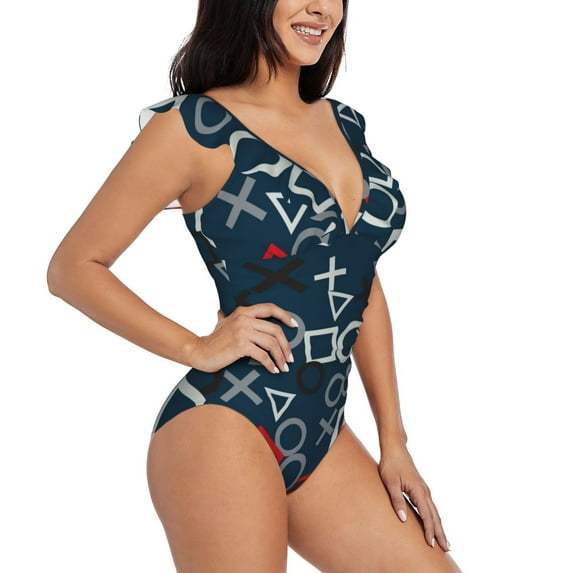 Yiaed Navy Blue Geometric Print Women's Ruffled One Piece Swimsuit V Neck Swimwear Slimming Monokini for Woman-Small