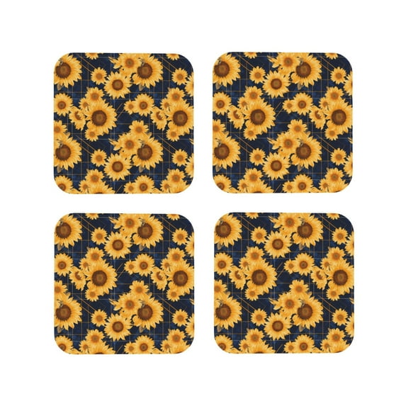 Yiaed Navy Blue Plaid Sunflower Print Leather Coasters for Drinks - Cup Coasters Coffee Table Kitchen Table Bar, Home & Office Gifts Handmade Drink Coasters-Square