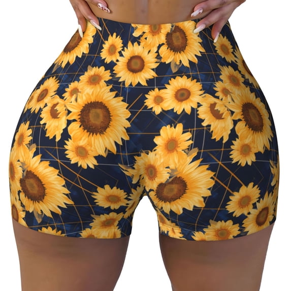 Yiaed Navy Blue Plaid Sunflower Print Women's Athletic Shorts Running Shorts Sporty Short High Waisted Elastic Workout Shorts for Yoga Gym Running & Sports -XX-Large