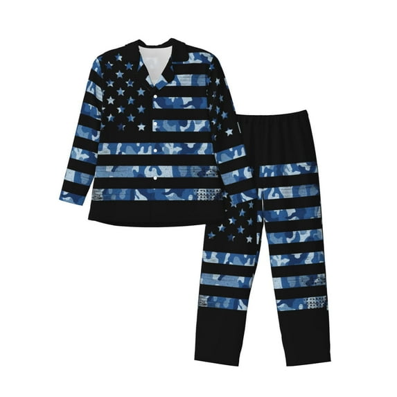 Yiaed Navy Camouflage American Flag Print Men’s Pajamas Set - Long Sleeve Button Down Sleep Shirt and Pajama Bottoms Sleepwear Set Mens Pjs Sets Men's Pajama Bottoms-XX-Large