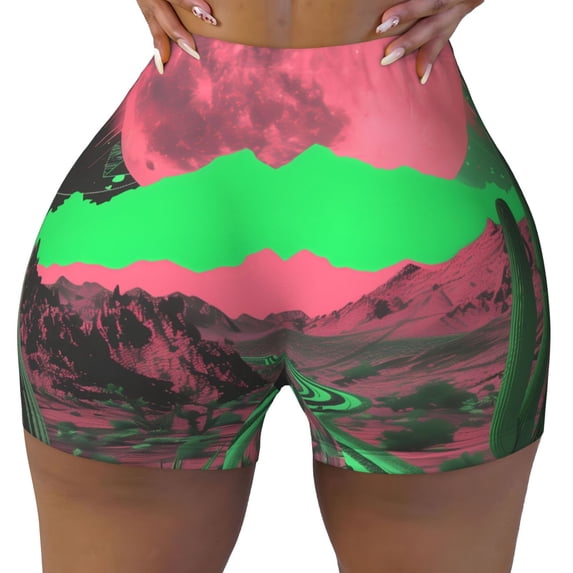 Yiaed Neon Desert Moon Print Women's Athletic Shorts Running Shorts Sporty Short High Waisted Elastic Workout Shorts for Yoga Gym Running & Sports -Small