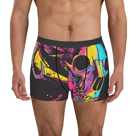 Yiaed Neon Gothic Skull Moon Print Men's Soft Cotton Boxer Shorts Breathable Boxers Underwear Moisture-Wicking Underwear Stretch Boxer Briefs for Man-Large