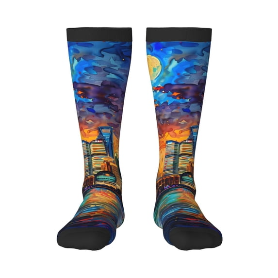 Yiaed Neon Shanghai Cityscape Night Print Great elasticity Adult Stockings Sports socks for Men and Women
