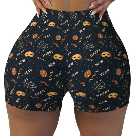 Yiaed New Year Print Women's Athletic Shorts Running Shorts Sporty Short High Waisted Elastic Workout Shorts for Yoga Gym Running & Sports -X-Large