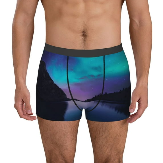 Yiaed Night At Lake Aurora Print Men's Soft Cotton Boxer Shorts Breathable Boxers Underwear Moisture-Wicking Underwear Stretch Boxer Briefs for Man-XX-Large