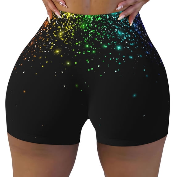 Yiaed Night Rainbow Sparkles Print Women's Athletic Shorts Running Shorts Sporty Short High Waisted Elastic Workout Shorts for Yoga Gym Running & Sports -XX-Large